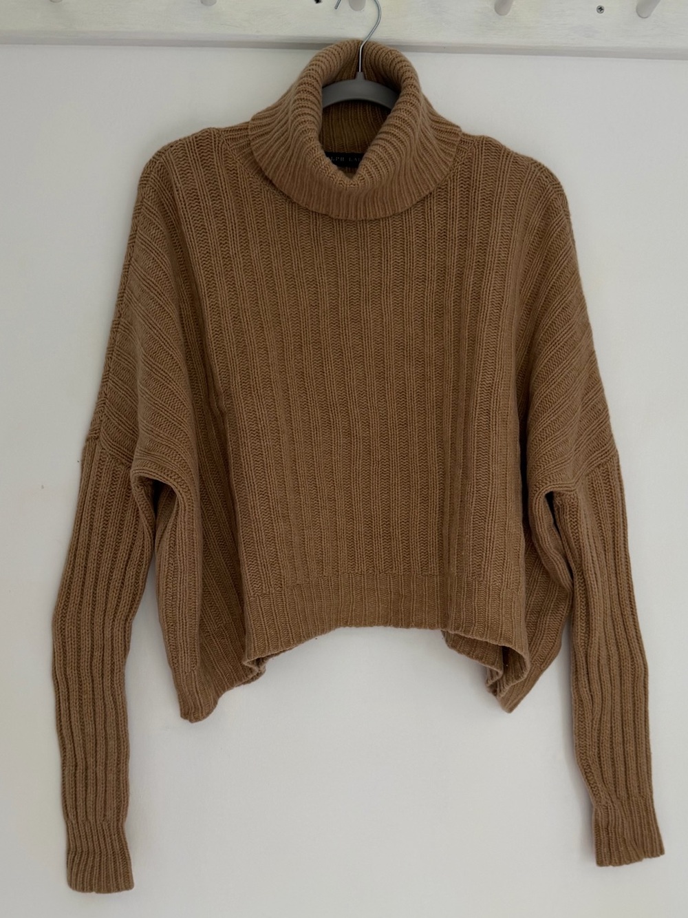 Ralph Lauren Blue Label 80 Wool 20 Cashmere Camel Tan Crop Boxy Knit Turtleneck